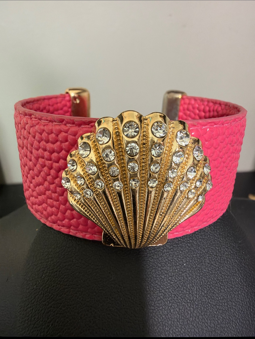 Gold Crystal Shell Pink Leather Cuff Statement Bracelet